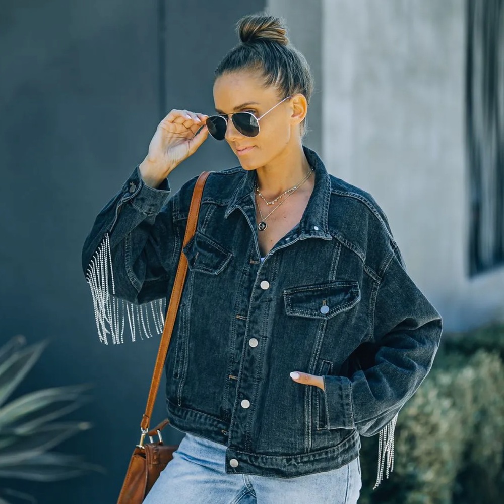 🚨LAST SMALL EVER🚨Last Call Rhinestone Fringe Denim Jacket - Picture 11 of 16